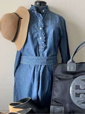 Tory Burch Chambray Ruffle Shirtdress Belted Cotton Blue Size L